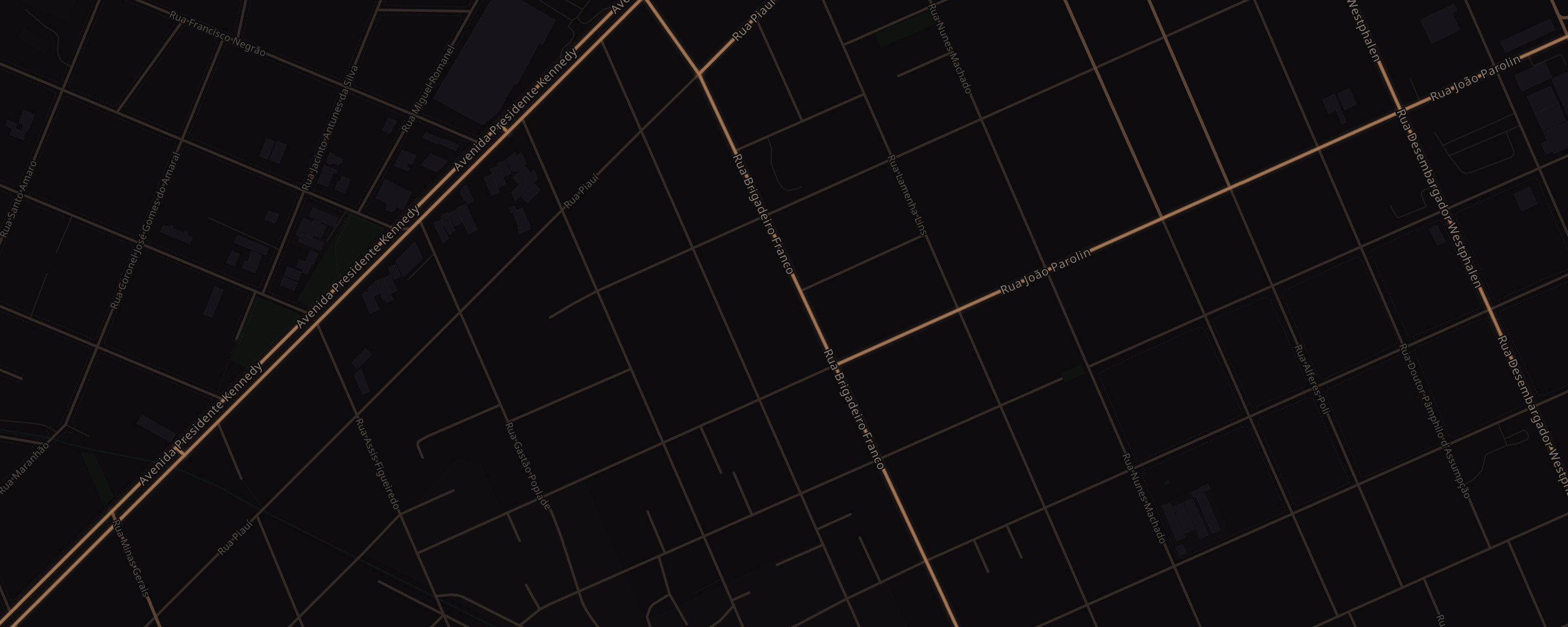 Mapa visto de cima do bairro Parolin, em Curitiba, com a Evidence 5000 marcada na Rua Brigadeiro Franco, 5000